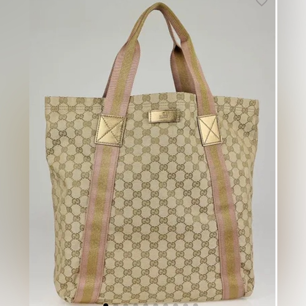 Beige GG Canvas Pink And Gold Web Tote Bag